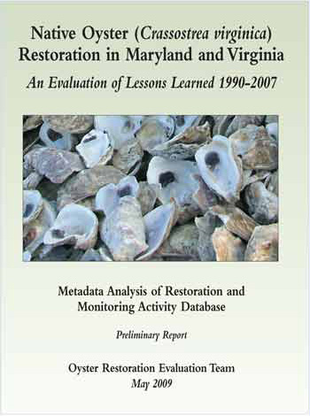 Cover image of Native Oyster (Crassostrea virginica) Restoration in Maryland and Virginia: An Evaluation of Lessons Learned 1990-2007. Preliminary Report.